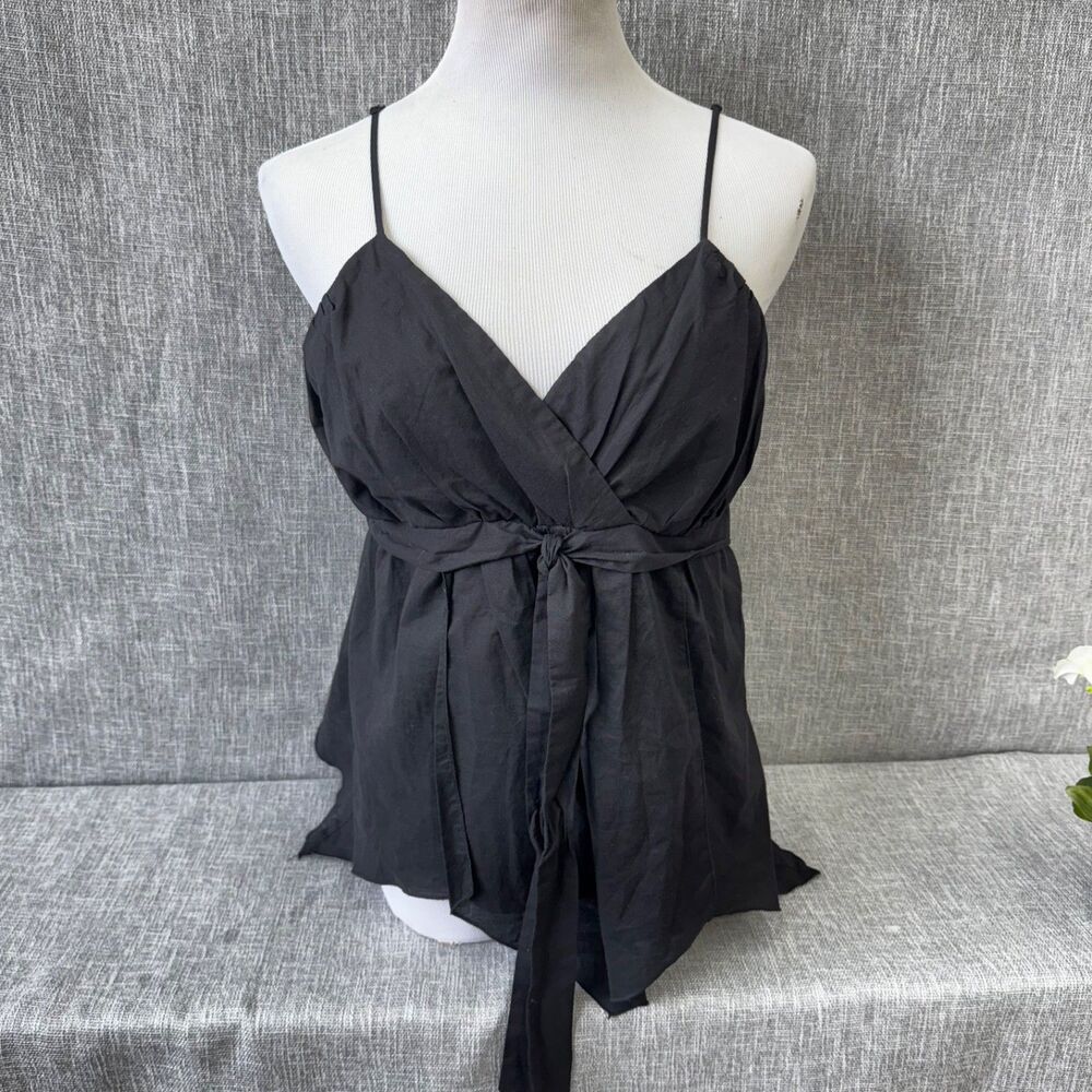 WD•NY Women's Black V-Neck Blouse Size 12 Sleeveless Cotton Camisole Lined bow